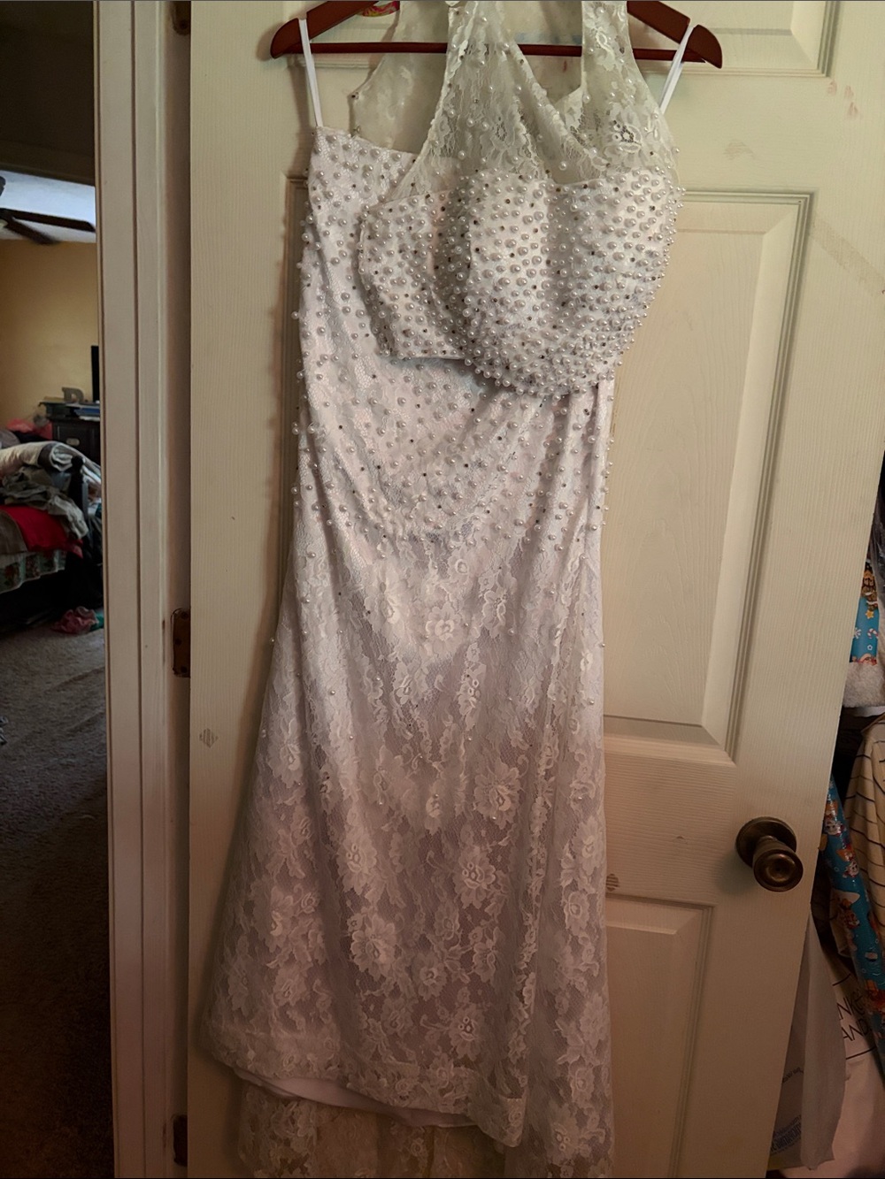 White Lace Beaded Halter Prom Dress